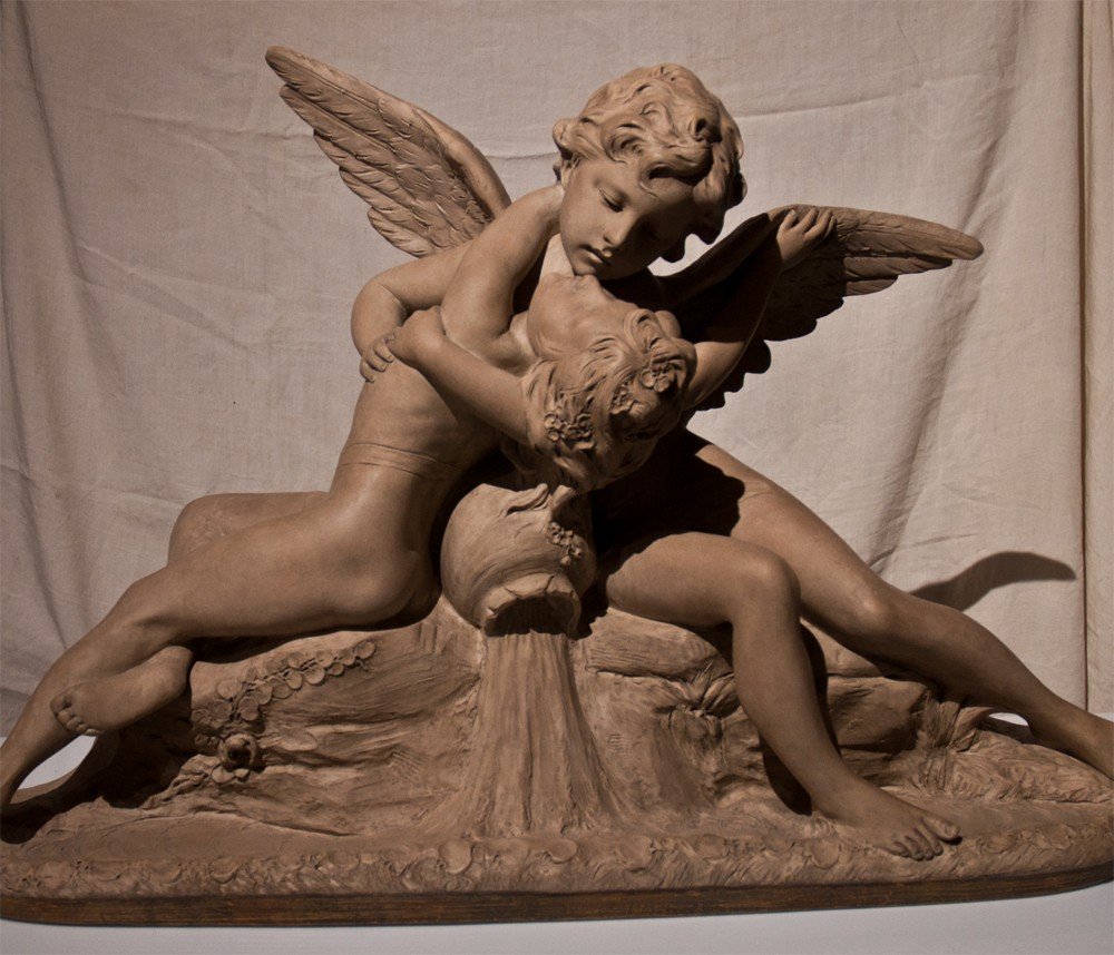 Richard Aurili (1864-1943): The Kiss, Terracotta Sculpture Ag33-photo-2