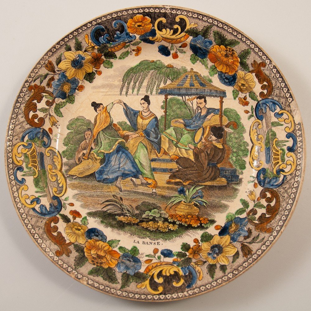 Lebeuf And Thibault Creil Montereau "la Danse" Tambourine / Chinese Earthenware Plate-photo-3