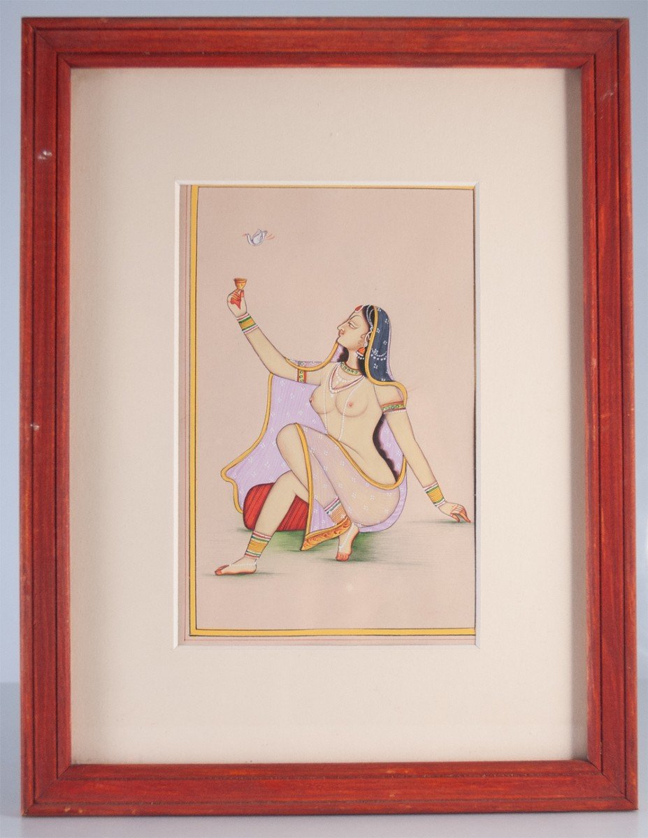 Miniature érotique Indienne / Inde Femme Nue  Oiseau 2-photo-2