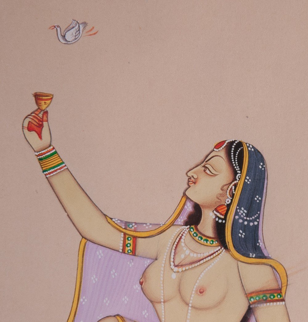 Miniature érotique Indienne / Inde Femme Nue  Oiseau 2-photo-3