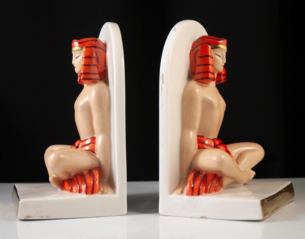 Serre Livres En Porcelaine Egyptiens Art Déco-photo-3