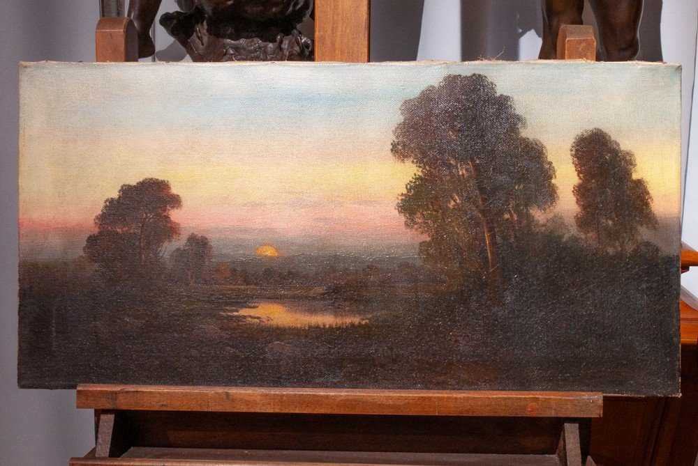 John Englehart (1867-1915): Lake Landscape At Dusk American School / Usa Ag36
