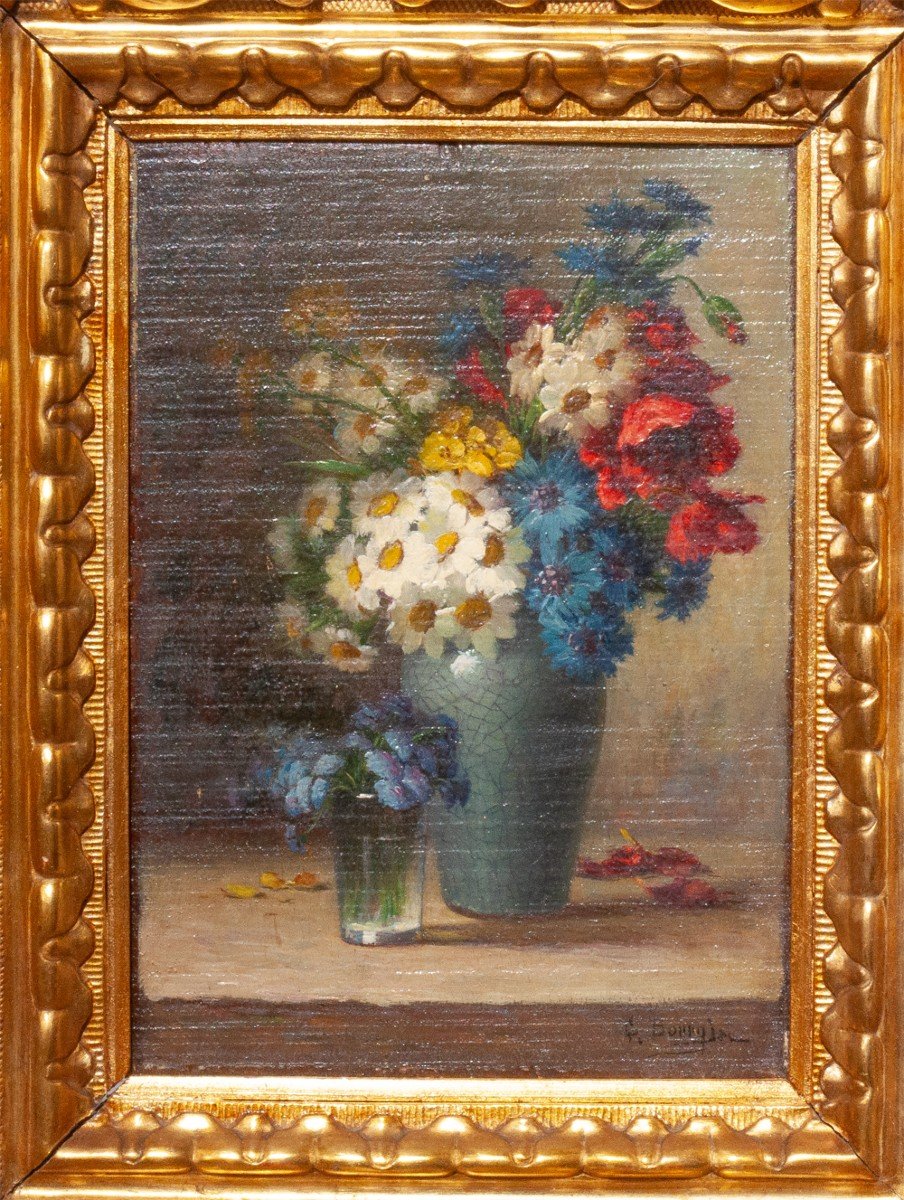 Georges Bourgin (1865-1937): Bouquet De Fleurs Dans Un Vase Sur Un Entablement Ag39-photo-2