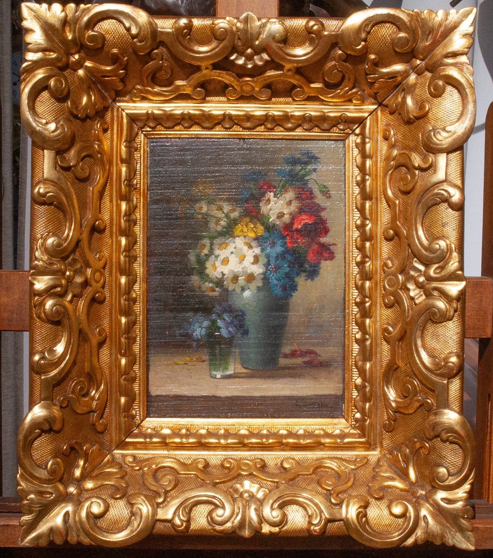Georges Bourgin (1865-1937): Bouquet De Fleurs Dans Un Vase Sur Un Entablement Ag39