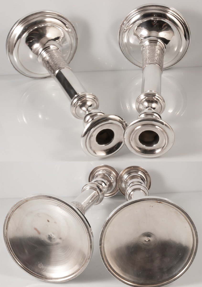 Pair Of Empire Style Silver Metal Candlesticks-photo-1