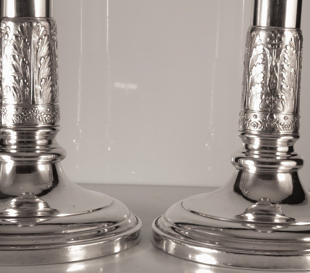 Pair Of Empire Style Silver Metal Candlesticks-photo-2
