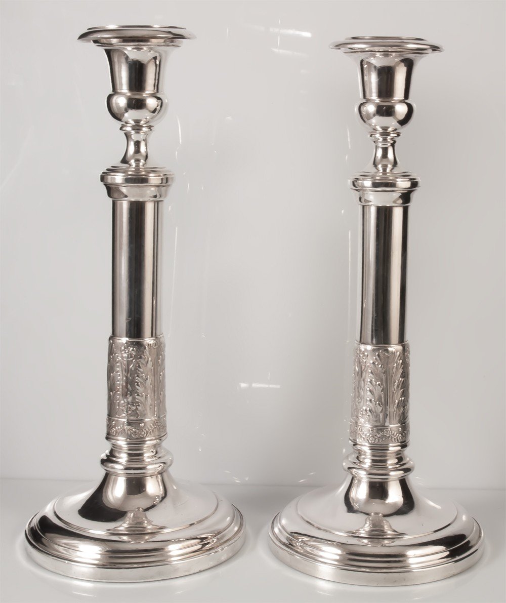 Pair Of Empire Style Silver Metal Candlesticks