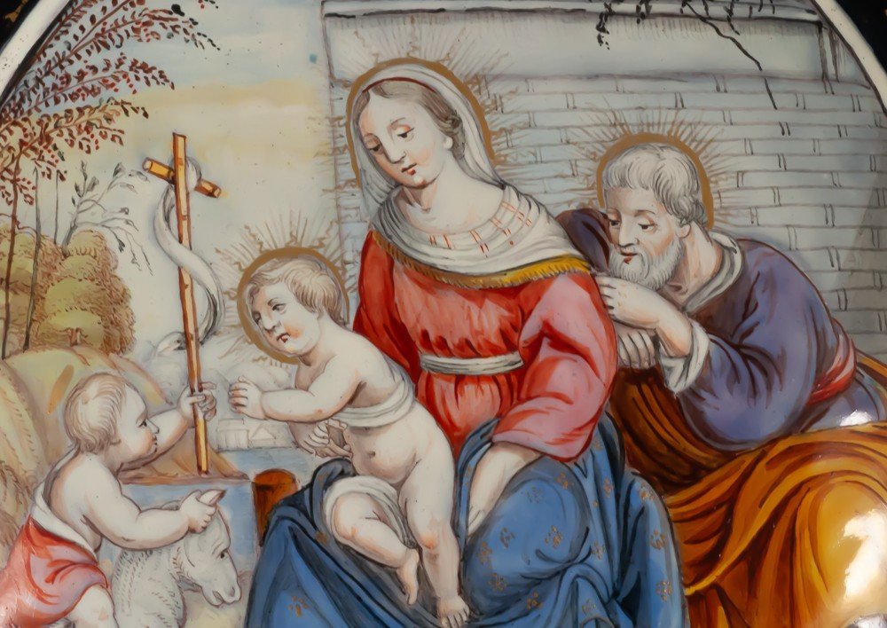Holy Water Font The Holy Family Enamel On Copper Limoges XVIIth Jacques Laudin -photo-4