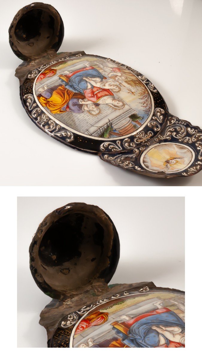 Holy Water Font The Holy Family Enamel On Copper Limoges XVIIth Jacques Laudin -photo-3