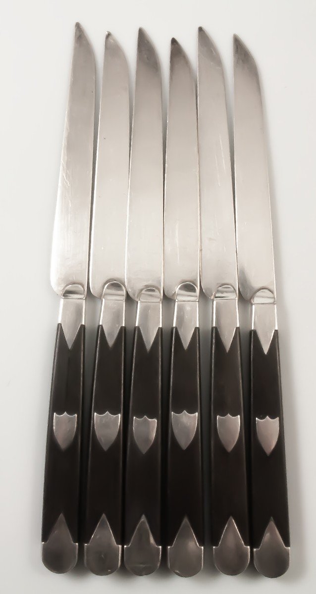Six Empire Period Solid Silver Blade Fruit Knives-photo-1