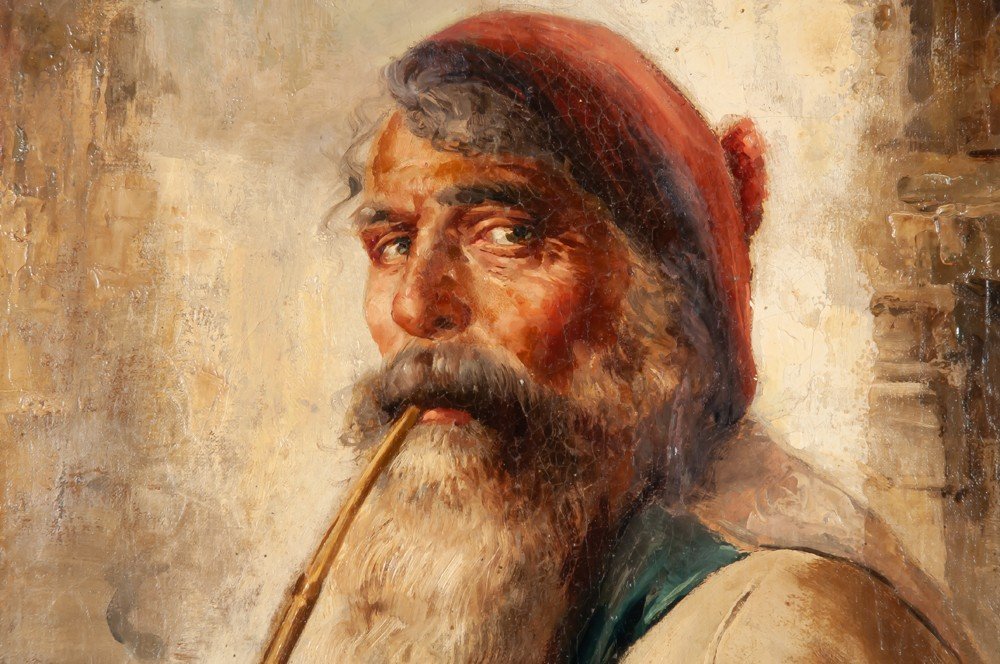 Raffaele Frigerio (1875-1948) Old Man Smoking A Pipe Italian School-photo-3