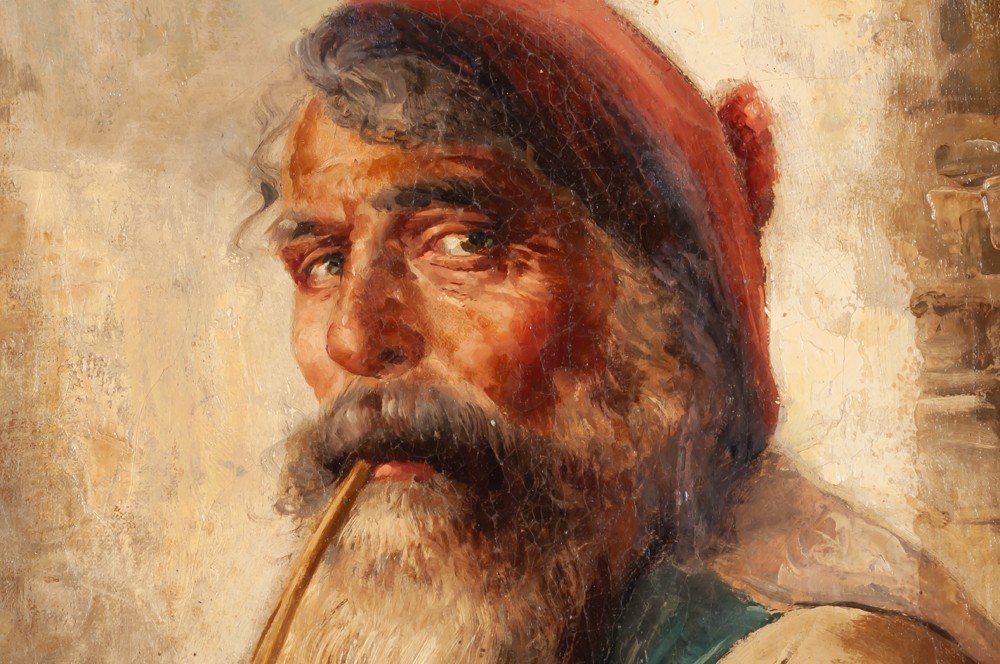 Raffaele Frigerio (1875-1948) Old Man Smoking A Pipe Italian School-photo-3