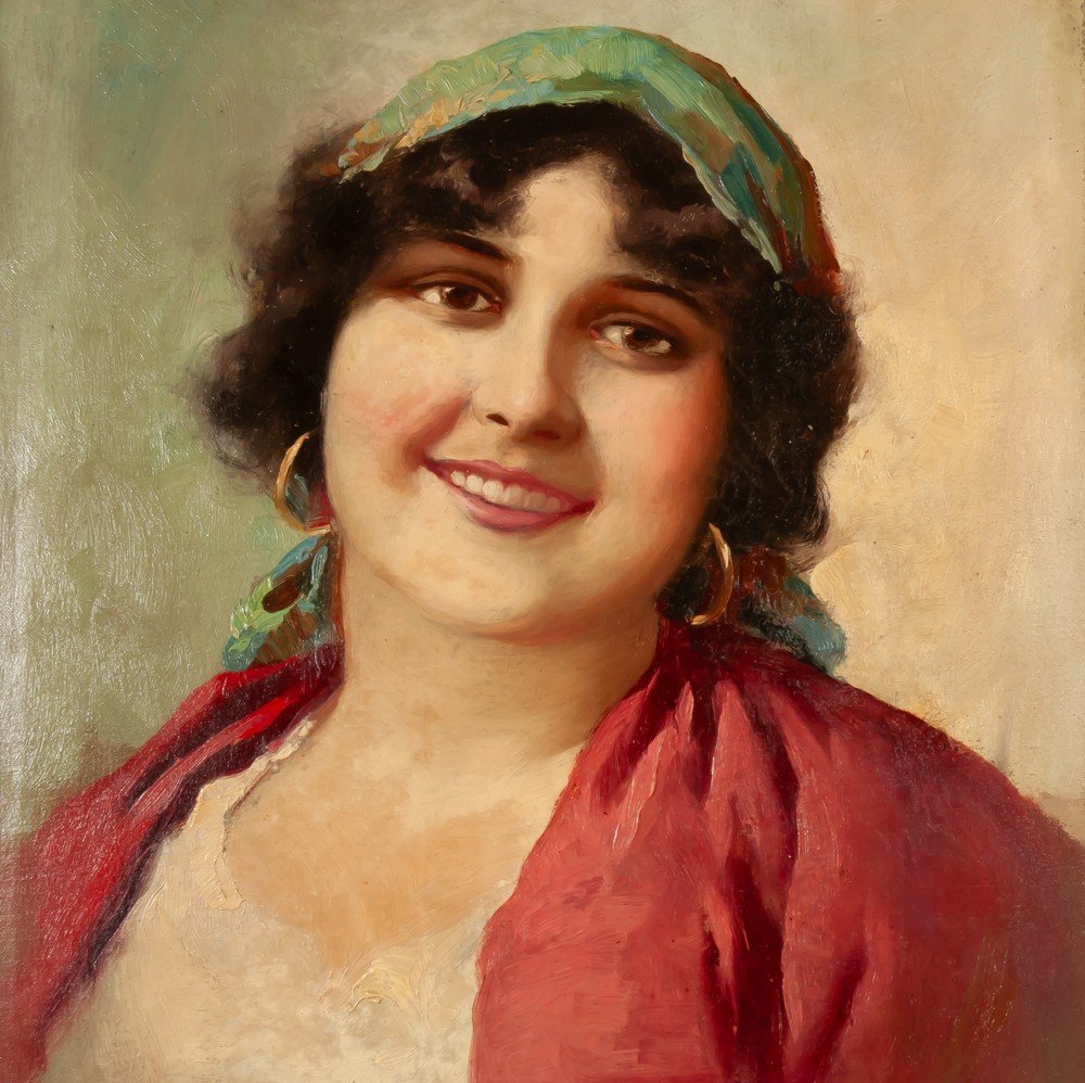 Domenico Forlenza (1880-1934) Belle Italienne à La Coiffe Rouge école Italienne-photo-2