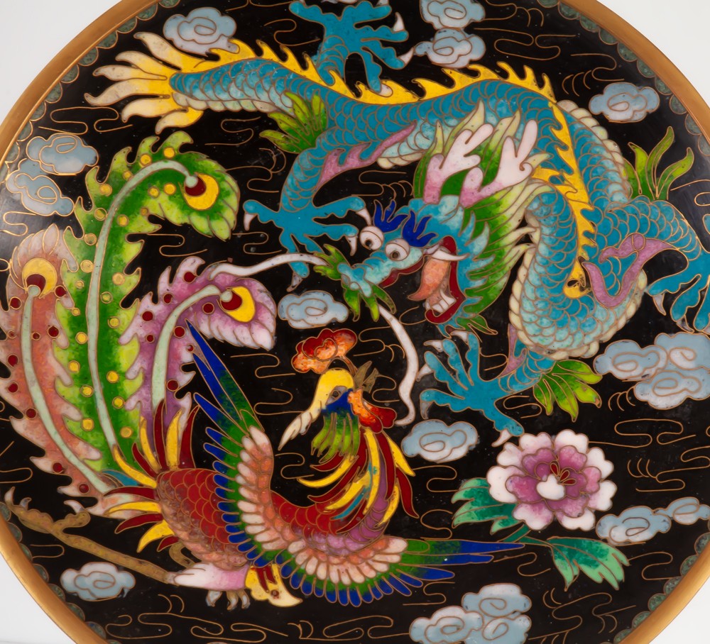 The Rooster And The Dragon Cloisonné Enamel Plate / Dish China-photo-2