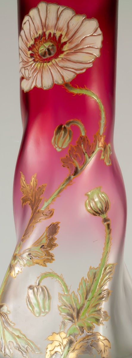 Legras Large Enameled Glass Vase Poppies Musset Art Nouveau Model H35 Cm-photo-2
