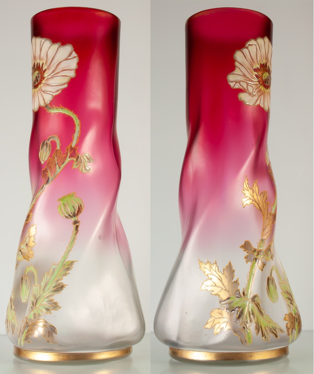 Legras Large Enameled Glass Vase Poppies Musset Art Nouveau Model H35 Cm-photo-3
