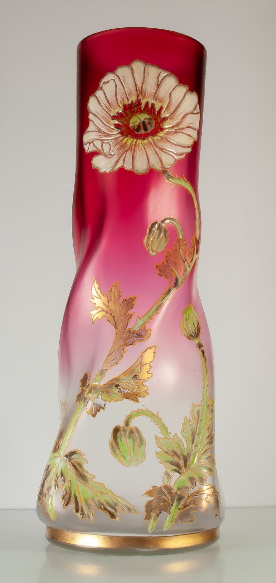 Legras Large Enameled Glass Vase Poppies Musset Art Nouveau Model H35 Cm