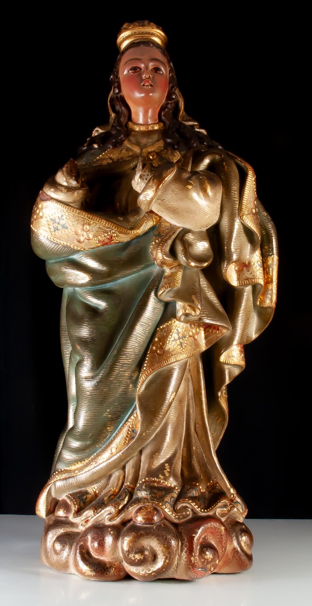 Statue Vierge  / Madone En Bois Polychrome Origine à Identifier Espagne?-photo-5