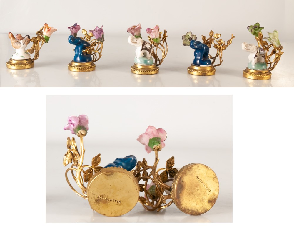 5 porte menus / noms en porcelaine monture laiton éléphant / poule-photo-2