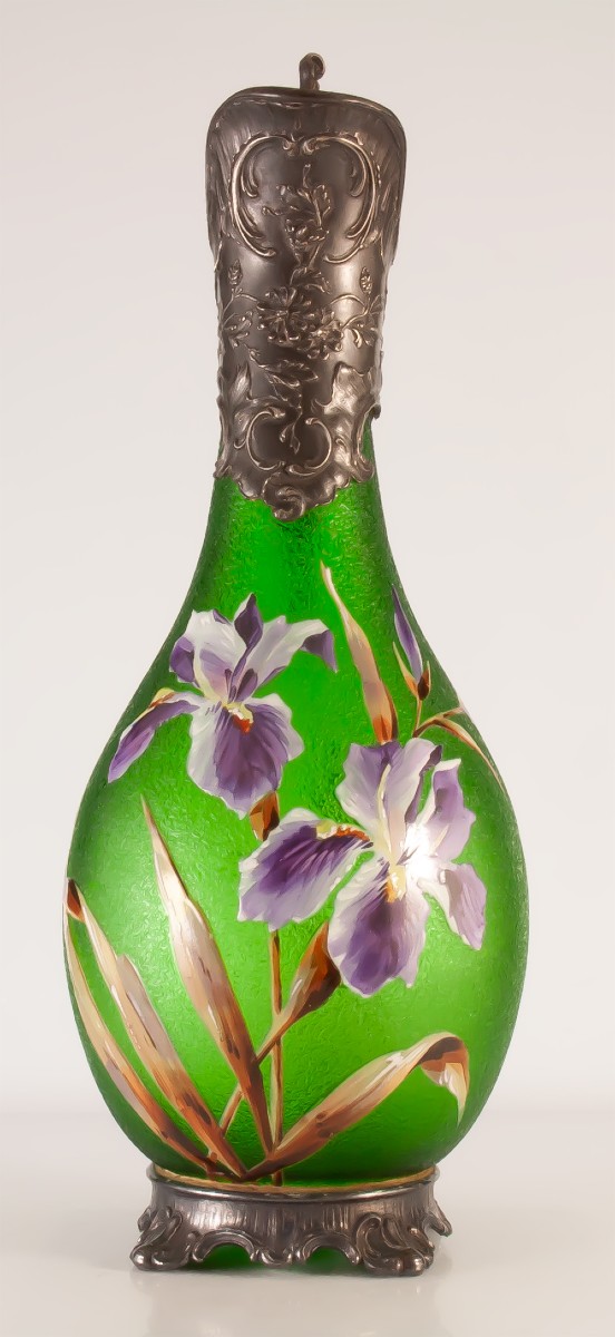 WMF Aiguière En verre émaillé aux fleurs d'Iris Art Nouveau