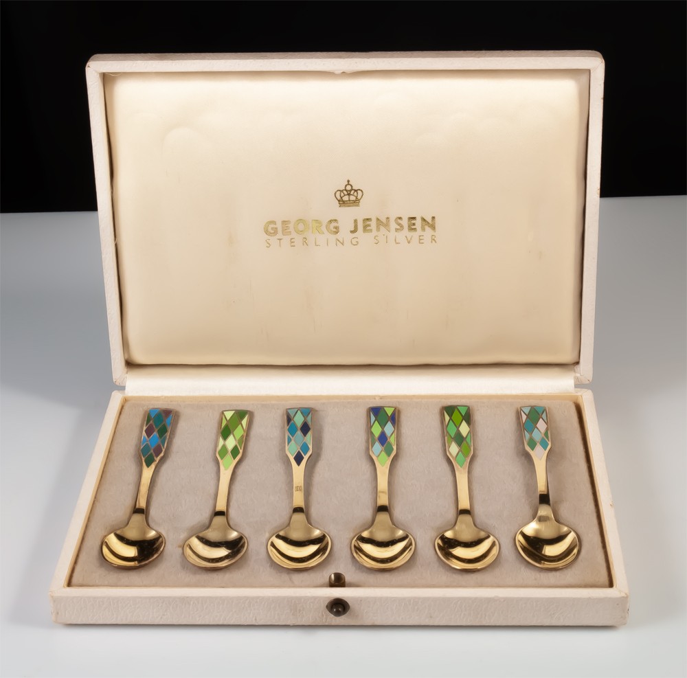 Georg Jensen 6 cuillères à moka argent vermeillé et émail Art Déco-photo-2