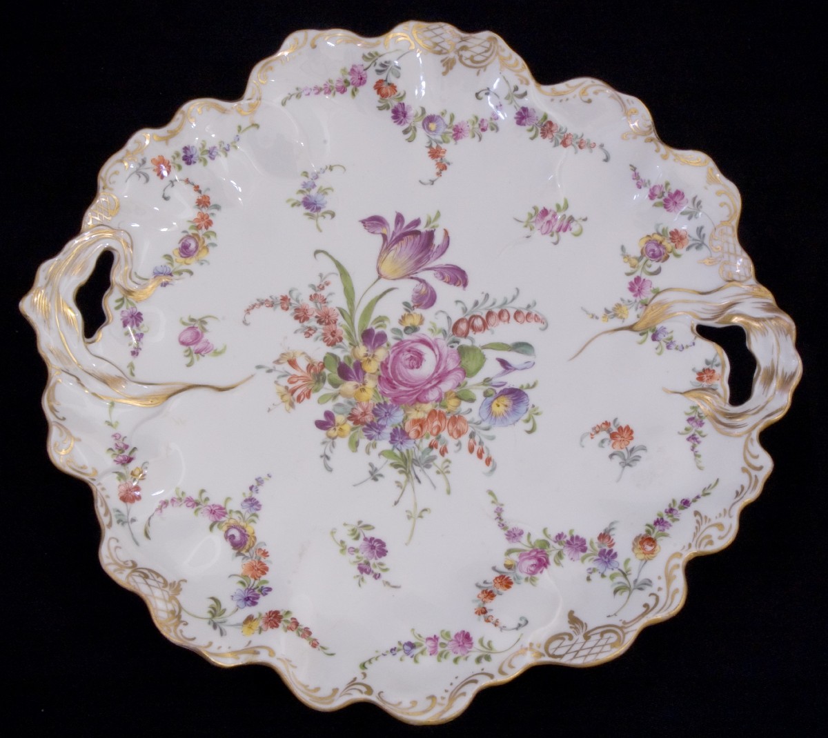 Dresden Painted Porcelain Dish With Handles