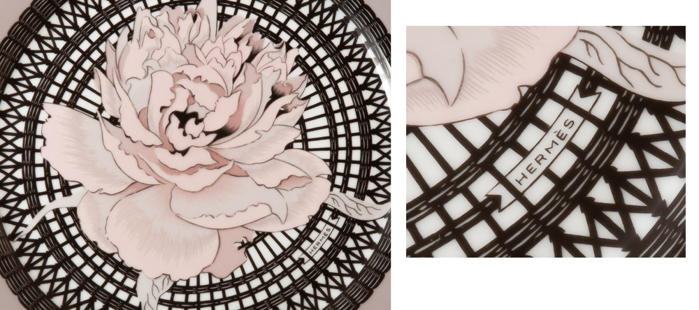 HERMES Paris service à gâteau / dessert en porcelaine décor pivoines-photo-3