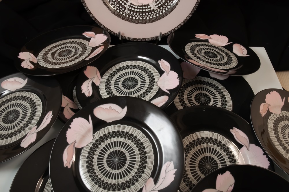 HERMES Paris service à gâteau / dessert en porcelaine décor pivoines-photo-3