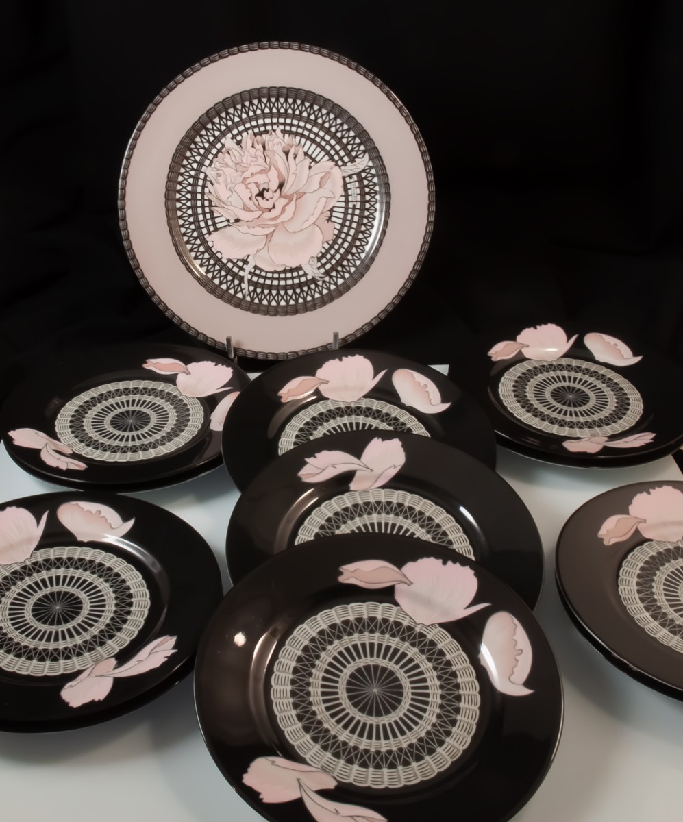 HERMES Paris service à gâteau / dessert en porcelaine décor pivoines-photo-4