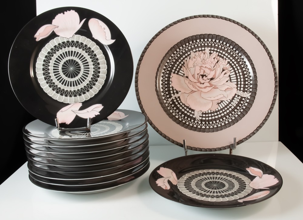 HERMES Paris service à gâteau / dessert en porcelaine décor pivoines