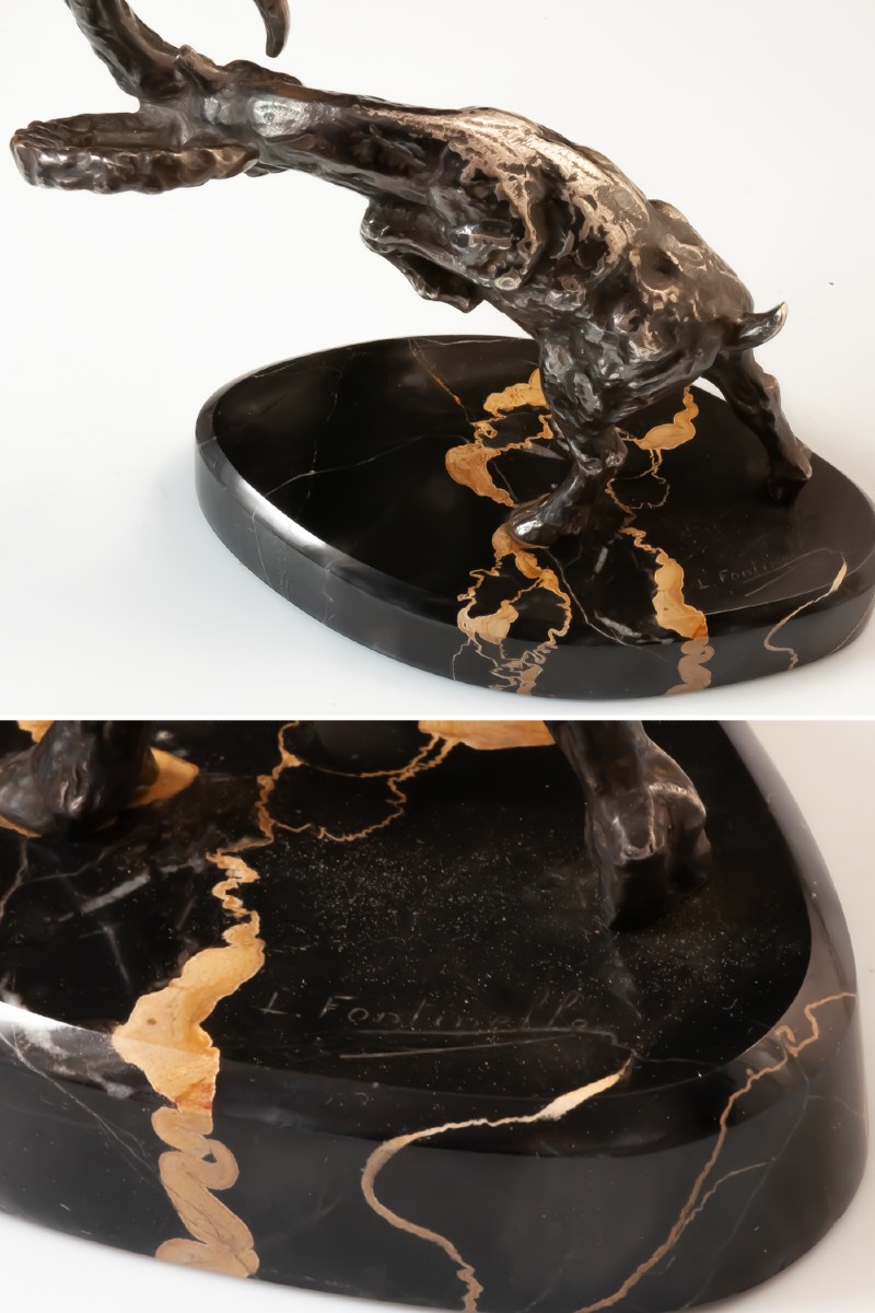 Louis Fontinelle (1886-1964) Fighting Ram Silvered Bronze Sculpture-photo-3