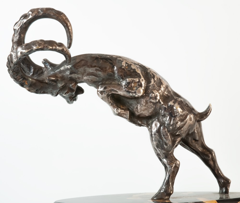 Louis Fontinelle (1886-1964) Fighting Ram Silvered Bronze Sculpture-photo-2
