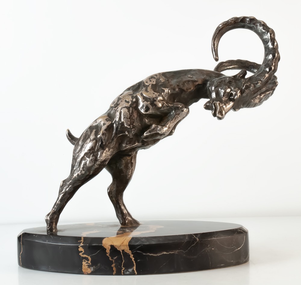 Louis Fontinelle (1886-1964) Fighting Ram Silvered Bronze Sculpture
