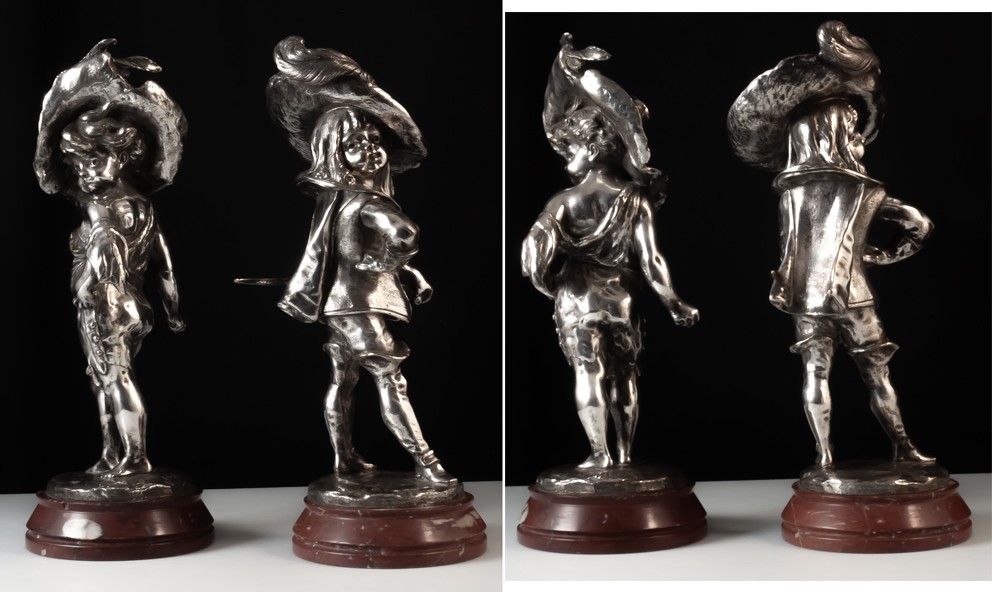 Louis KLEY (1833-1911) Enfants mousquetaires paire de sculptures en bronze argenté-photo-3
