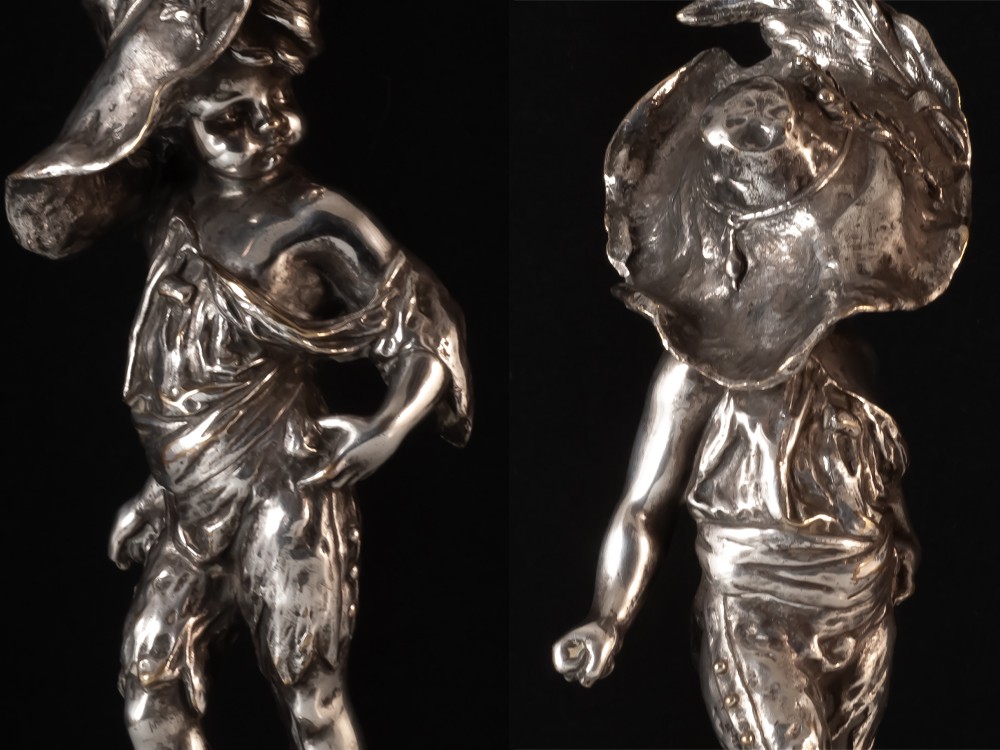 Louis KLEY (1833-1911) Enfants mousquetaires paire de sculptures en bronze argenté-photo-2