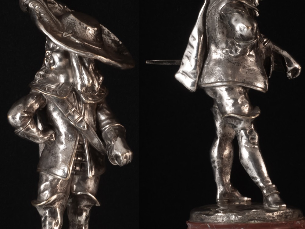 Louis KLEY (1833-1911) Enfants mousquetaires paire de sculptures en bronze argenté-photo-5