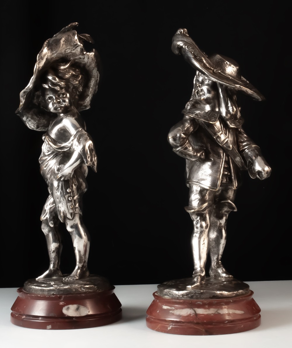 Louis KLEY (1833-1911) Enfants mousquetaires paire de sculptures en bronze argenté-photo-6