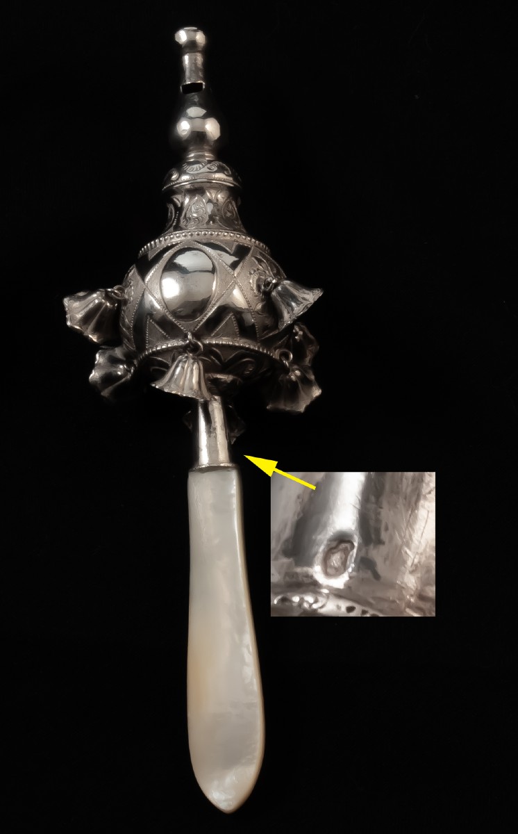 Gros hochet siffleur à huit clochettes argent massif-photo-3