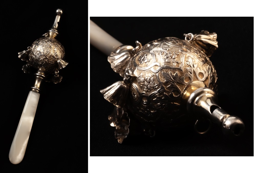 Large Whistling Rattle With Seven Bells, Solid Silver-gilt-photo-4