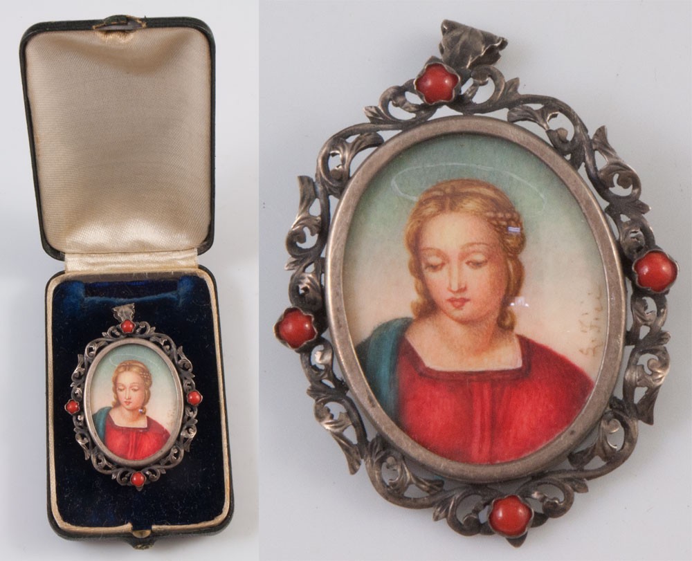 Pendentif italien argent corail portrait de sainte