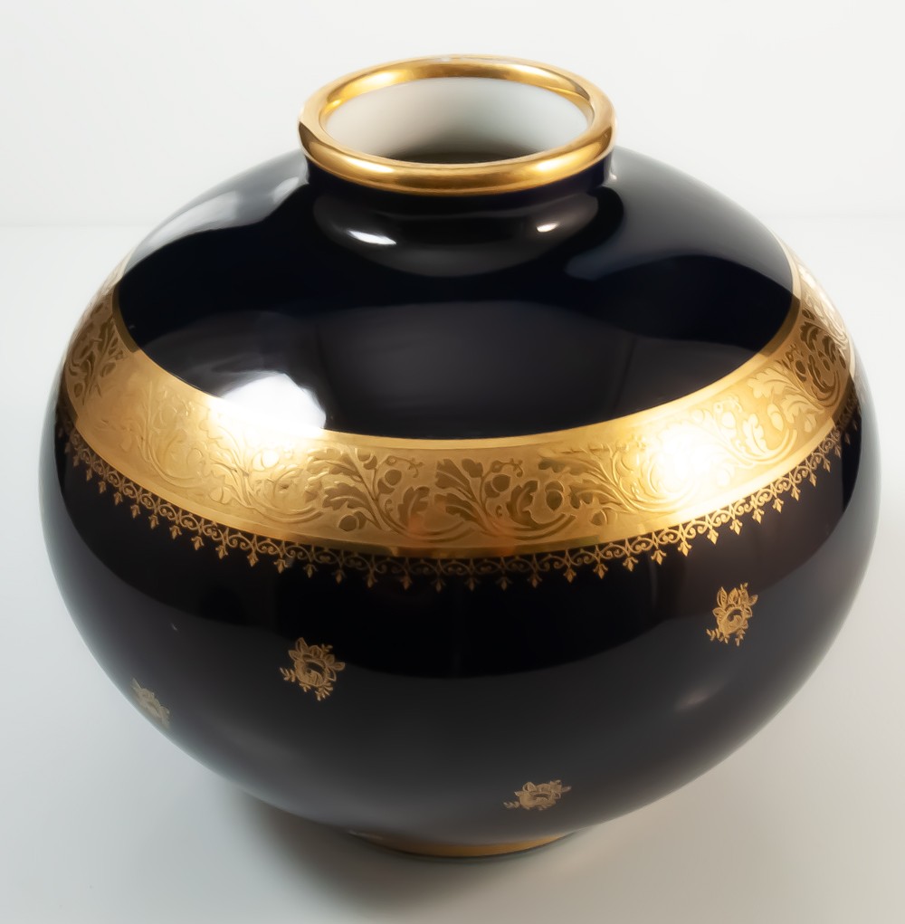 Limoges Fontanille Marraud vase boule bleu de four à incrustation or-photo-2
