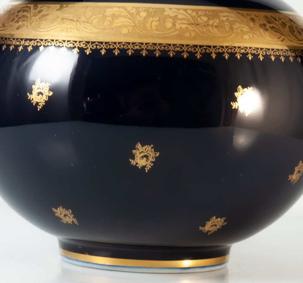Limoges Fontanille Marraud vase boule bleu de four à incrustation or-photo-4