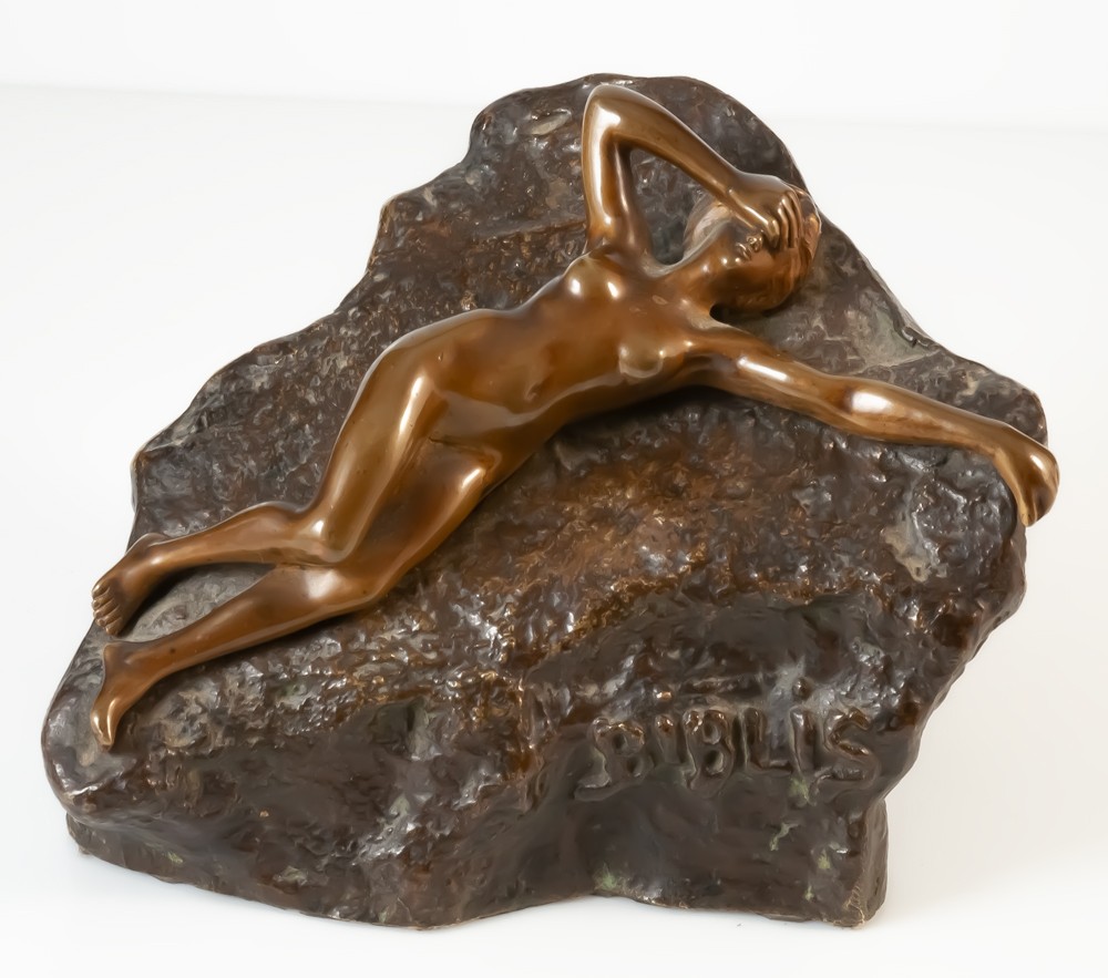 Ernest Wante (1872-1960) Biblis Young Nude Woman On A Rock / Bronze-photo-2