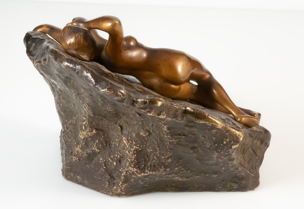 Ernest Wante (1872-1960) Biblis Young Nude Woman On A Rock / Bronze-photo-4