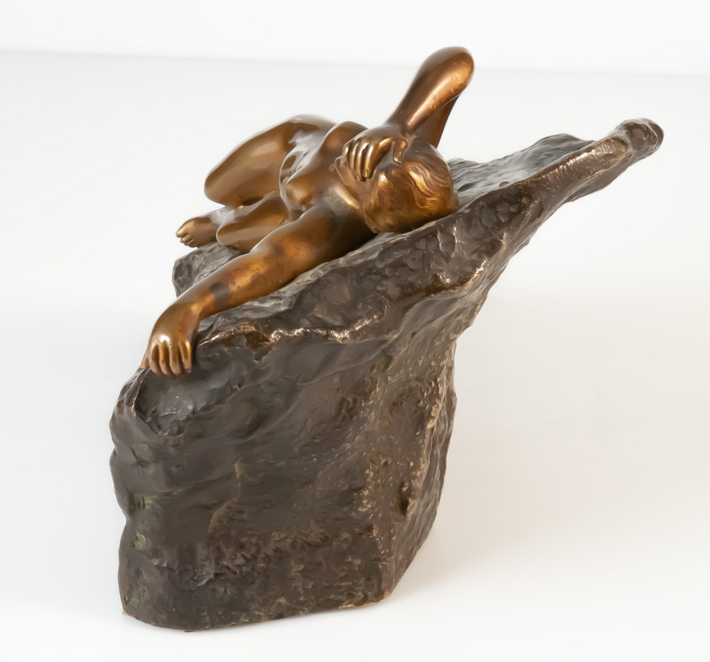 Ernest Wante (1872-1960) Biblis Young Nude Woman On A Rock / Bronze-photo-2