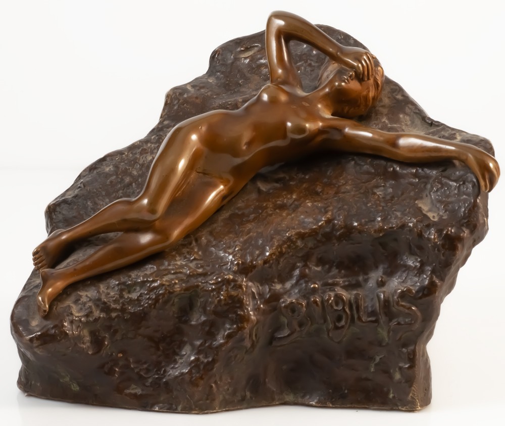 Ernest Wante (1872-1960) Biblis Young Nude Woman On A Rock / Bronze