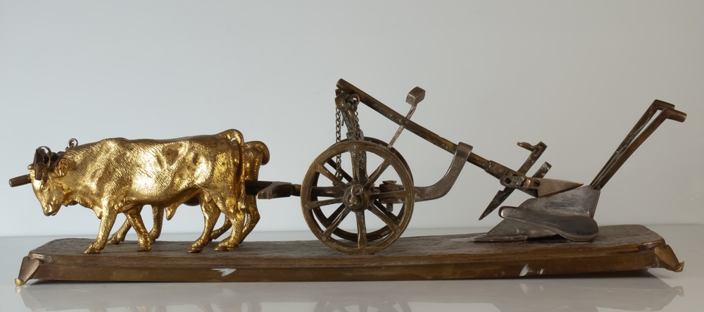 Attelage de bœufs avec charrue bronze XIXème