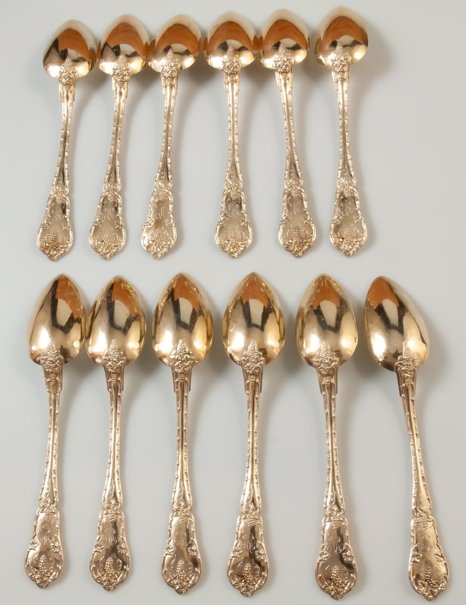 12 Dessert / Coffee Spoons Silver Vermeil Minerve Hallmark Philippe Berthier-photo-3