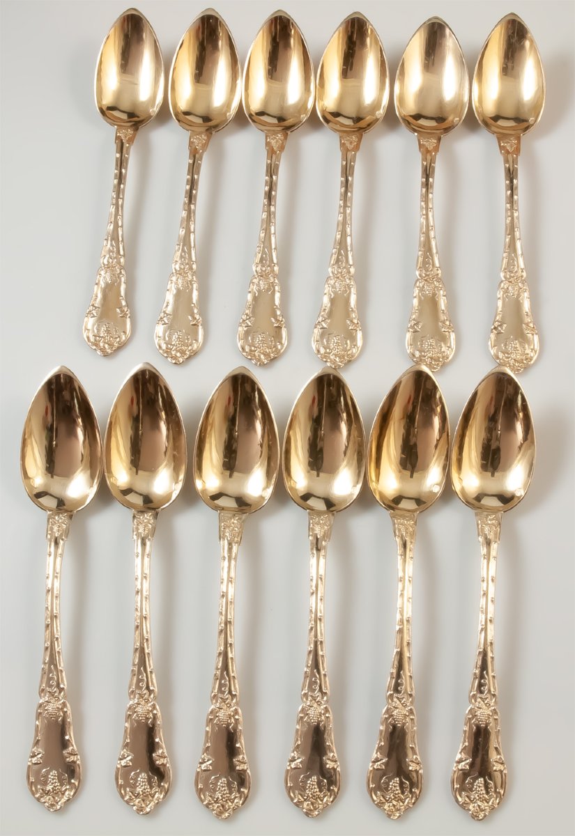 12 Dessert / Coffee Spoons Silver Vermeil Minerve Hallmark Philippe Berthier