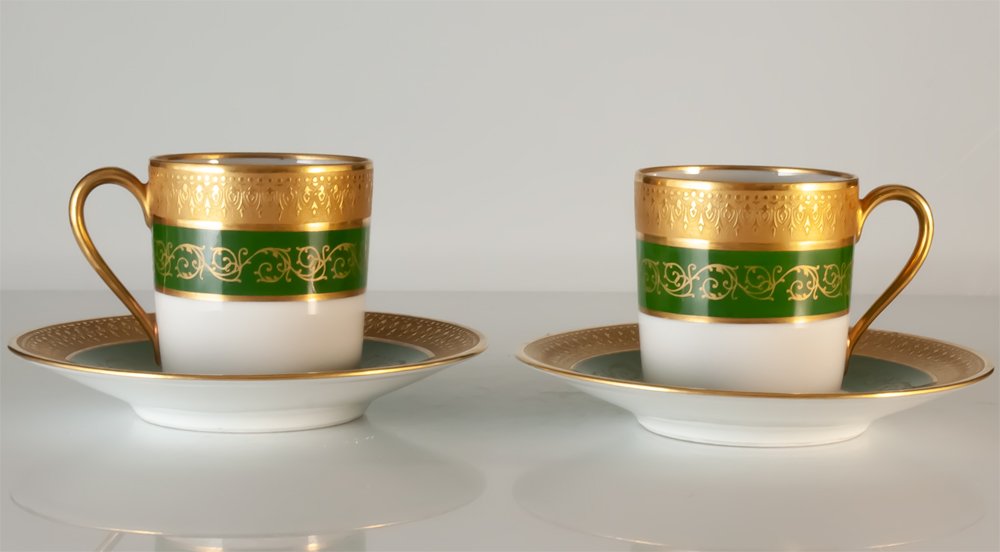 Two Double Gilt Limoges Porcelain Moka Cups Malevergne